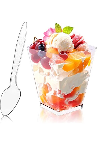 Arabest عبوة من 50 كوبًا بلاستيكيًا مربعًا سعة 5 أونصات مع ملاعق، قابلة لإعادة الاستخدام، أكواب صغيرة للتذوق