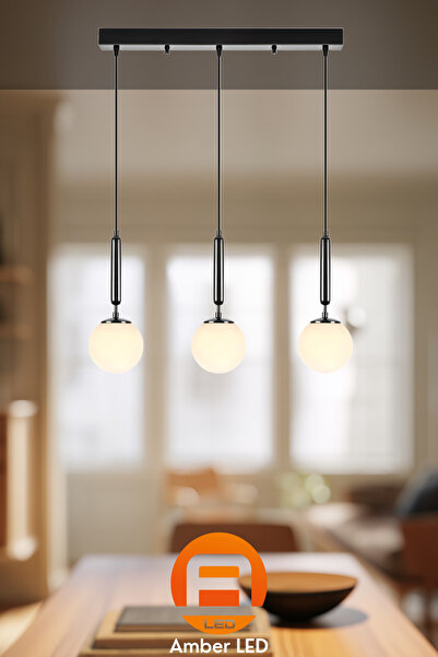 AmberLED Parlak Siyah Camlı 3'lü Sarkıt Avize Salon ve Antre İçin