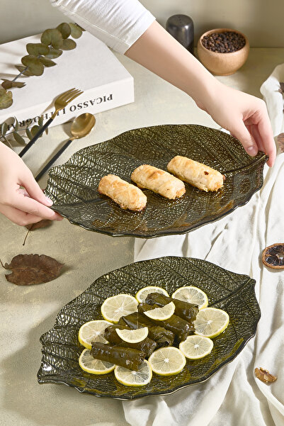 Lora Bianca Liva 2’li Yaprak Formlu Cam Servis ve Sunum Tabağı, Meze, Tatlı & Dekoratif Sunum Seti - 2 Adet