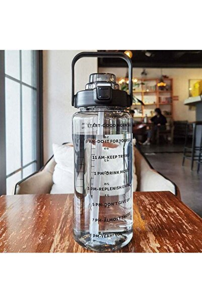 Arabest 2L Large Capacity Sports Water Bottle with Pop-Up Lid and Time Mark - Black