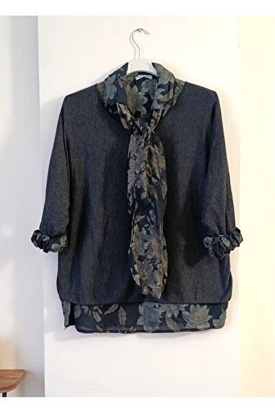 Butik Şans Floral Pattern Shawl Detailed Italian Knitwear Blouse Shirt Triple Set