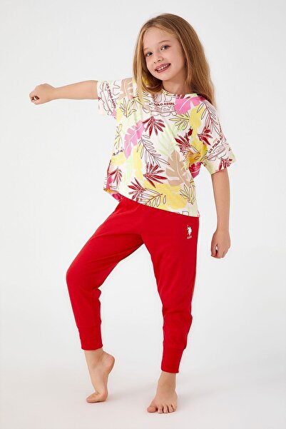 U.S. Polo Assn. Set de pijamale cu mâneci scurte pentru fete, cu modele de fr...