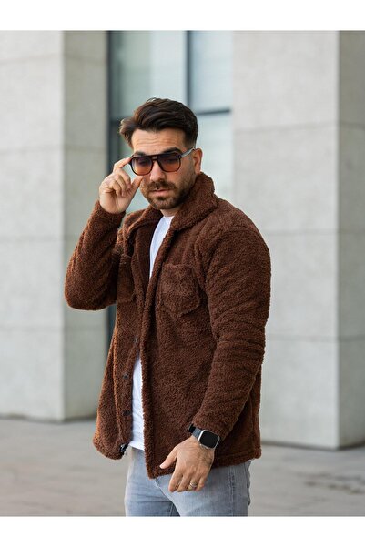 NERA GİYİM Unisex Brown Plush Shirt Collar Buttoned Double Pocket Regular Fit...