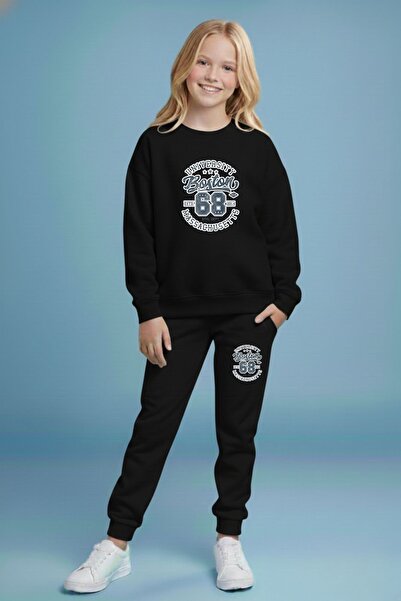 armicem Girls' Boston Printed Crew Neck Tracksuit Set – Black & Grey
