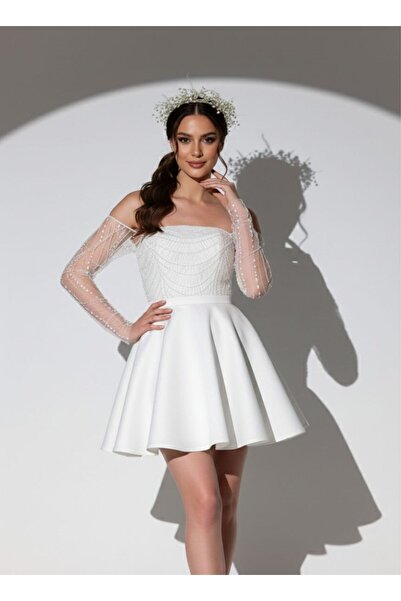 Tangül&Ali'S Moda Evi İşlemeli Mini Beyaz Abiye