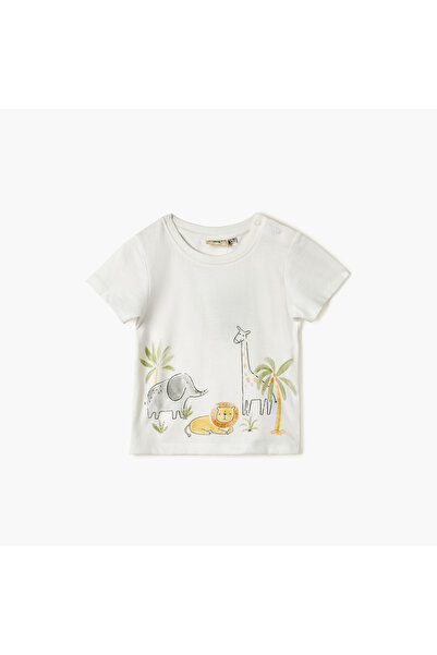 Juniors تيشيرت بنقشة حيوانية بأكمام قصيرة وإغلاق بأزرار