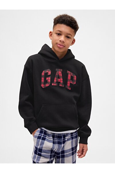 GAP Erkek Çocuk Siyah VintageSoft Relaxed Ekose Logo Sweatshirt