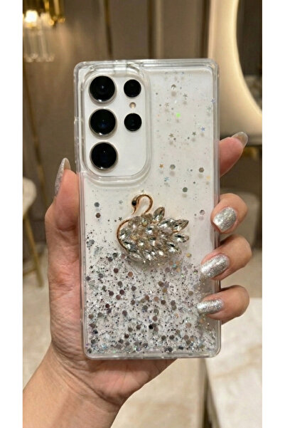 UnDePlus Samsung Galaxy S25 Ultra Kılıf Taşlı Kuğu Kabartmalı Pırıltılı Parlak Silikon Kapak BS1