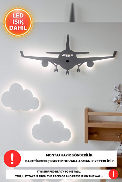 Dekorvin 1 Adet Uçak 2 Adet Bulut Led Işık Gece Lambası Bebek Çocuk Odası Duv...