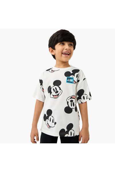 Disney All-Over Mickey Mouse Print T-shirt with Short Sleeves