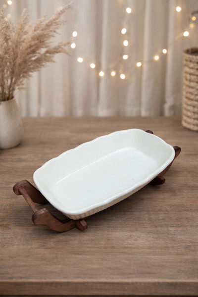 AENLINE HOME Ahşap Standlı Seramik Sunum Tabağı – Dekoratif Servis & Sunum Te...