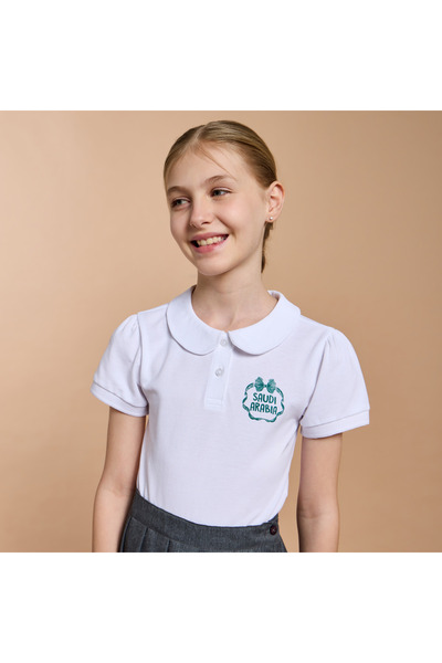 Juniors Saudi Arabia National Day Print Polo T-shirt with Short Sleeves