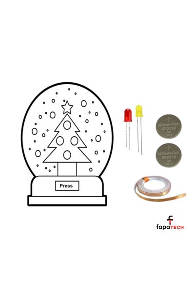 Fapatech Yeni Yıl Yılbaşı Kar Küresi Kağıt Devre Kiti Boyama Stem - CR2032,LED,Bakır İletken Bant 2 Metre