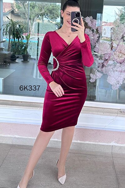İnce Topuk Double-Breasted Stone Velvet Dress 6K337