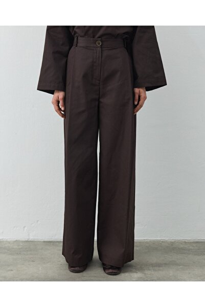 Aybikestil Paper Gabardin Tek Pileli Wide Leg Pantolon Acı Kahve