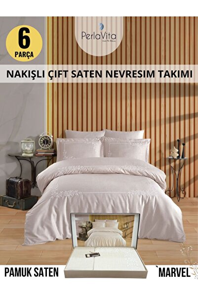 Dantela Marvel Nakışlı Pamuk Saten Çift Kişilik Nevresim Takımı 6 parca