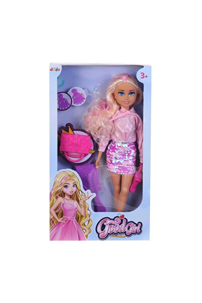 hak-iş oyuncak Pembe Pullu Etekli Sarı Saçlı Kız Bebek ve Çanta Seti