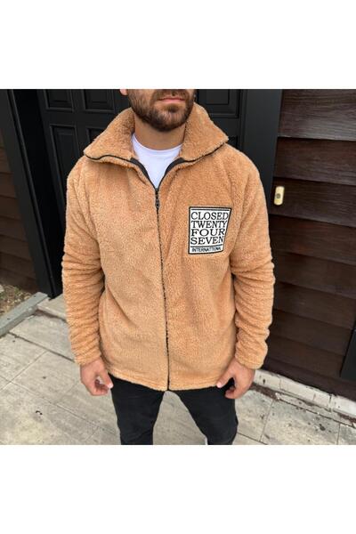 NERA GİYİM Men's Beige Plush Zippered Mock Neck Embroidery Detailed Regular F...