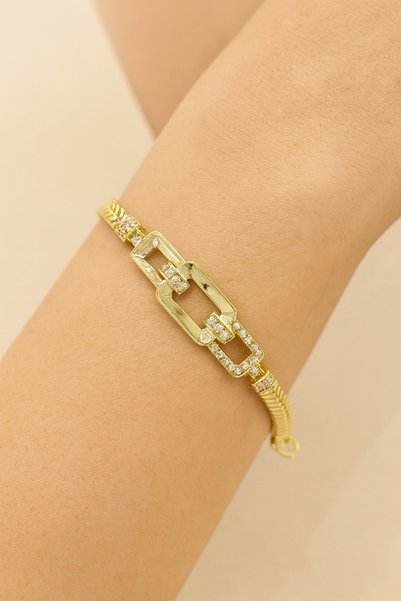 TuQos Stone Detailed Modern Chain Women's Bracelet Gold Look
