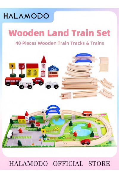 HALAMODO مجموعة قطار خشبي مكونة من 40 قطعة مع مسارات وعربات قطار وإكسسوارات ل...