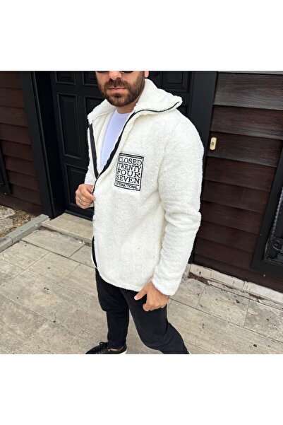 NERA GİYİM Men's White Plush Zippered Mock Neck Embroidery Detailed Regular F...