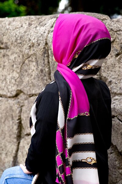 Vissona %100 İpek Geometrik Desenli Siyah - Fuşya Renkli 92x210 Şal