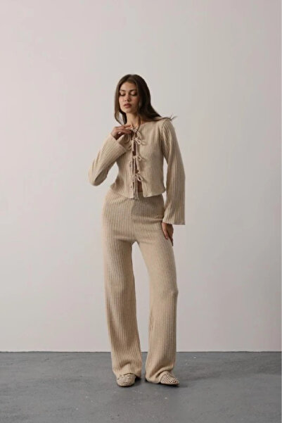 cemo Fitilli Örme Bağlamalı V Yaka Hırkalı Geniş Paça Kadın Pijama"