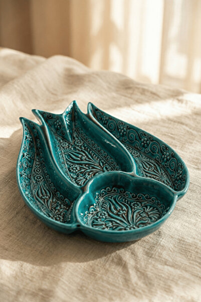 Store El Yapımı Etnik Lale Motifli Çini Seramik Çerezlik, Kahvaltılık & Sunumluk & Hediyelik