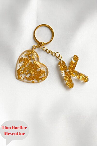 Happira Harf Anahtarlık Kalpli Gold Zincir Altın Varaklı Epoksi Hediyelik Kal...