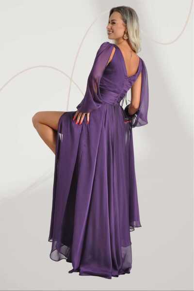 Simoda Iasi Long purple veil dress with side opening and puffy sleeves