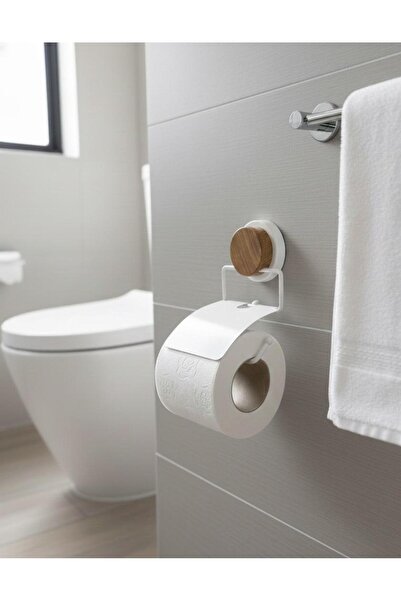 Okyanus Home Wooden Patterned Magic Fix Magic Sticky White Lid Toilet Paper Holder
