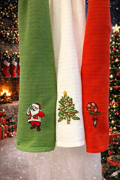 ARMAĞAN ÇEYİZ Yılbaşına Özel Nakışlı 3'lü Mutfak Kurulama Bezi Seti