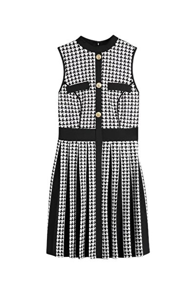 MAMAYAGA Women's Sleeveless Bell Skirt Houndstooth Pattern Button Detail Plus Size Curve Stylish Oversized Dress