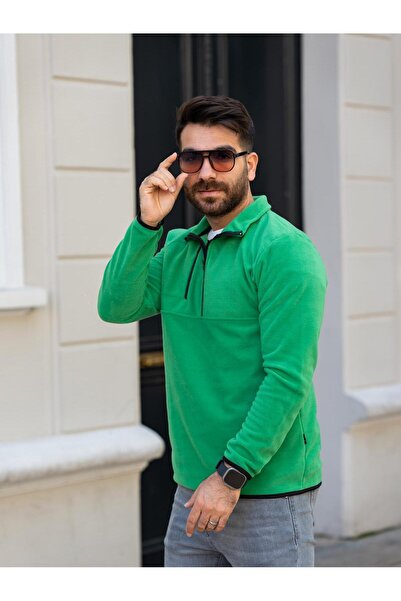 NERA GİYİM Men's Green Regular Fit Fleece with Mock Neck Zipper Pockets