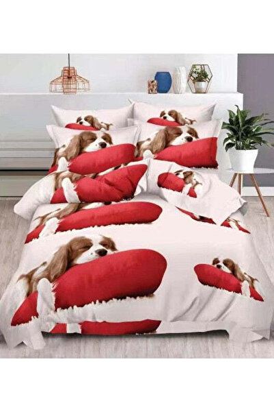 trendyhome Double Bed Linen, 6 PIECES, Satin Cotton, 3D, Puppy Pattern, Red/White B60-06