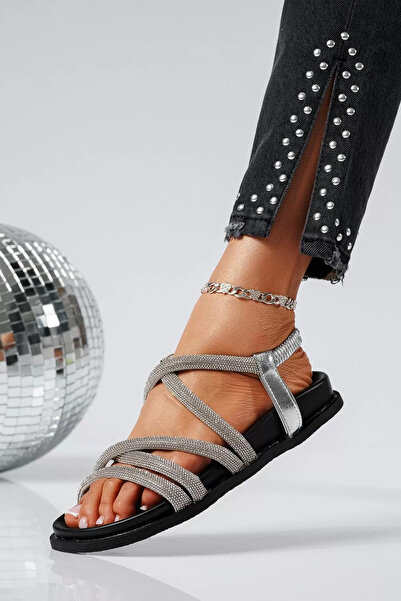 Zaira Sandale cu talpa joasa dama argintii din piele ecologica Madison #22113...