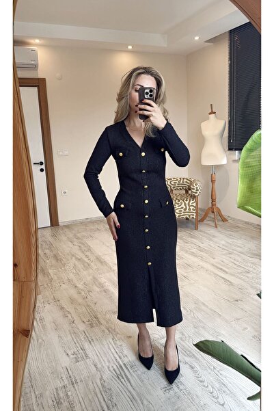 BeeYouStudio Simli Triko Kumaş Gold Düğmeli Ceket Elbise