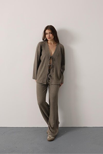 cemo Fitilli Örme Bağlamalı V Yaka Hırkalı Geniş Paça Kadın Pijama"