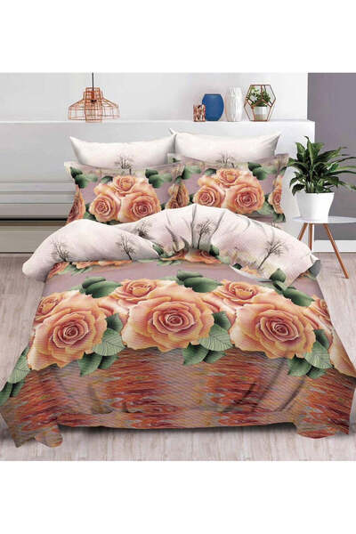 trendyhome Lenjerie de pat dublă, 6 bucăți, bumbac satinat, model 3D cu trandafiri, B60-10