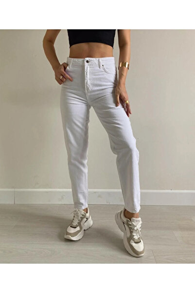 kleshus Women's White Mom Stretch Fabric Casual Jean Denim Pants-4