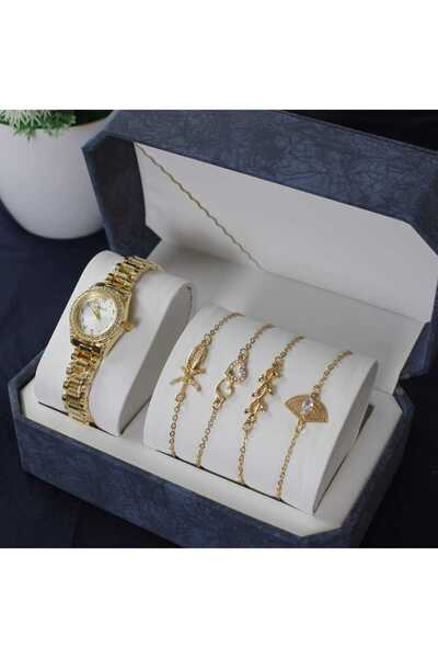 rovan طقم هدية ذهبي فاخر: ساعة مرصعة وأربع أساور سلاسل أنيقة، معروضة في علبة ...
