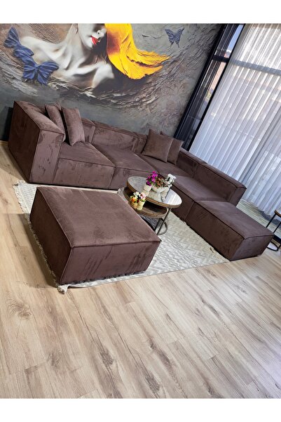 Erduran Mobilya Angelo 6 modül acı kahve fitilli kadife köşe koltuk