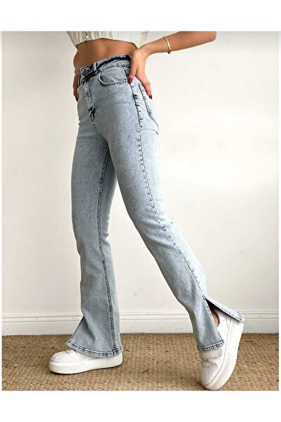 TRENDNATUREL Pantaloni Maybach albastru deschis cu fantă material elastic talie înaltă cu picioare largi