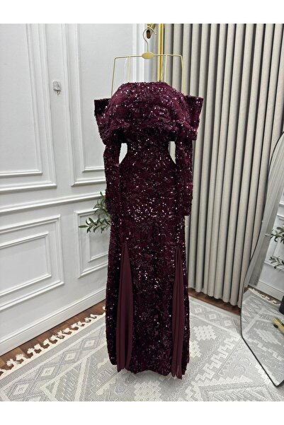 Bailsan فستان سهرة طويل ترتر عنابي