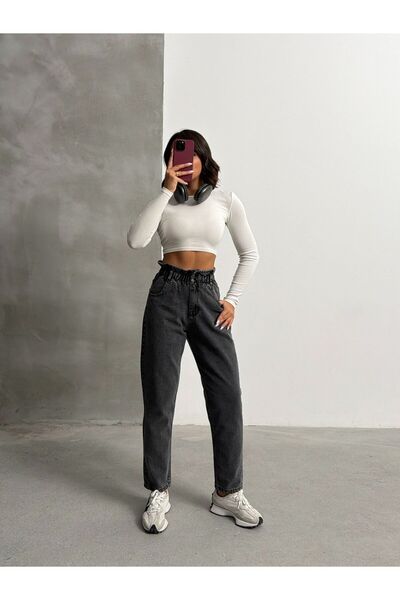 blue wings denım co. جينز مومي بخصر عالٍ وحزام بزرين ورباط