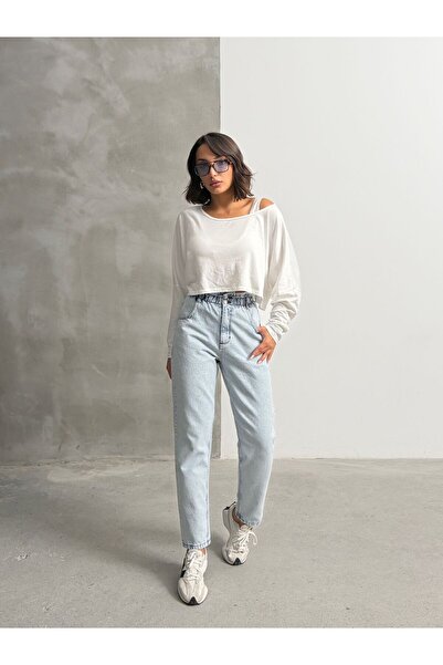 blue wings denım co. جينز مومي بخصر عالٍ وحزام بزرين ورباط