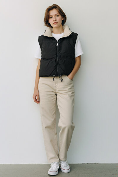 FEG STORE BEJ-SİYAH ÇİFT TARAFLI DİK YAKA ŞİŞME KOLSUZ MONT-YELEK