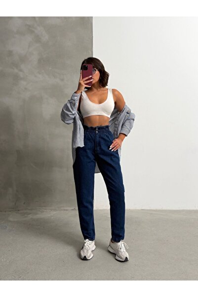 blue wings denım co. جينز مومي بخصر عالٍ وحزام بزرين ورباط