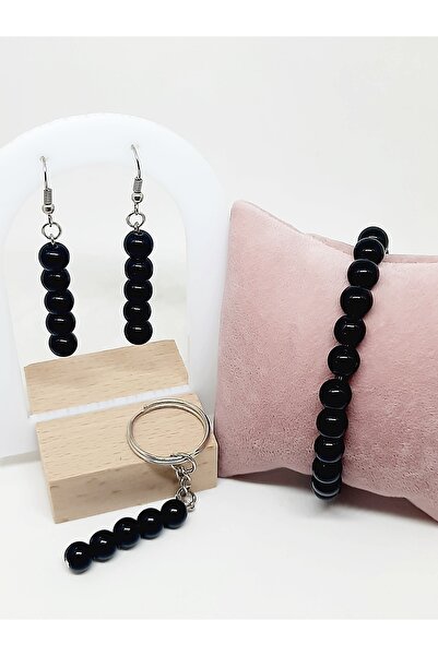 Kusakli Shiny Onyx Bracelet Keychain Earring Set