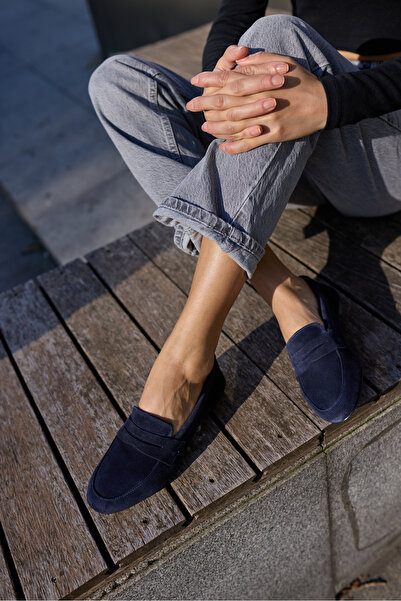 ANGELİNA JONES Ribalta Women's Navy Blue Leather Suede Ballerinas